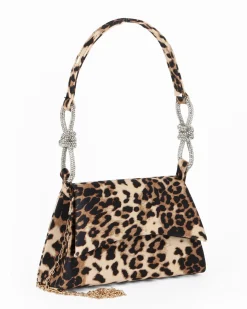 MISS GLOBO - Pochette maculata in raso con patta, nodi con strass sul manico, tracolla removibile