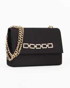 MISS GLOBO - Pochette nera in raso con catena in strass sulla patta