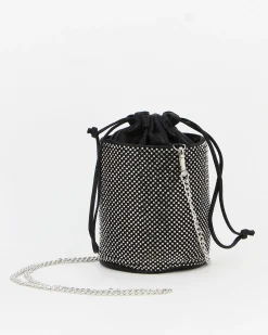 MISS GLOBO - Pochette secchiello nera con strass e chiusura coulisse, tracolla catenina removibile