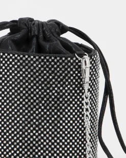 MISS GLOBO - Pochette secchiello nera con strass e chiusura coulisse, tracolla catenina removibile