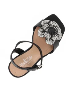 MISS GLOBO - Sandalo nero con sottopiede in VERA PELLE, punta quadrata e applicazione fiore in strass, tacco 9,5CM