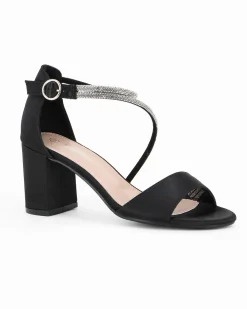 MISS GLOBO - Sandalo nero in raso con cinturini in strass, tacco 7CM