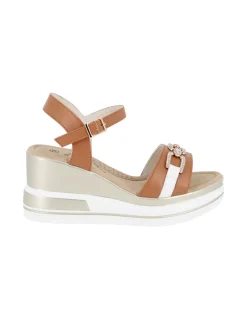 MISS GLOBO - Sandalo platform cuoio e bianco con sottopiede in memory soft e morsetto in strass, tacco 7CM