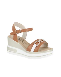 MISS GLOBO - Sandalo platform cuoio e bianco con sottopiede in memory soft e morsetto in strass, tacco 7CM