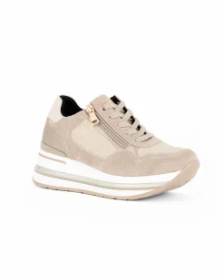 MISS GLOBO - Scarpa sneakers beige scamosciata in VERA PELLE con zeppa, lacci e zip laterale