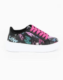 MISS GLOBO - Scarpa sneakers nera da bambina con lacci fucsia