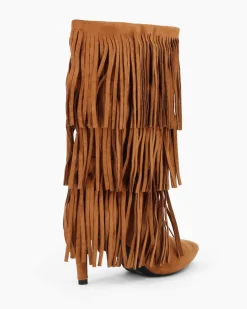 MISS GLOBO - Stivale camel scamosciato con frange e zip laterale, tacco 8CM