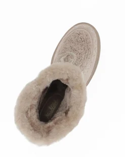 MISS GLOBO - Tronchetto beige scamosciato con pelliccia e lacci, tacco 6CM
