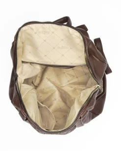 MISS GLOBO - Zaino marrone con tasche laterali e ciondolo con piastrina metallica e pennacchio a frange