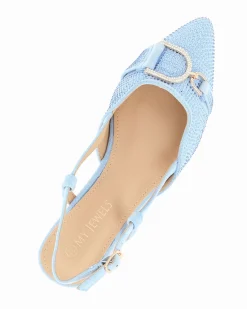 MY JEWELS - Ballerina slingback celeste scamosciata a punta con morsetto e strass