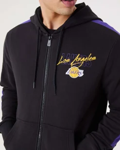 NEW ERA - Felpa nera e viola con cappuccio zip frontale e logo Lakers