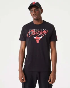 NEW ERA - T shirt da uomo nera in cotone con logo Chicago Bulls