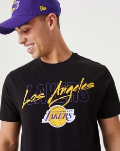 NEW ERA - T shirt da uomo nera in cotone con logo Los Angeles Lakers