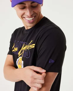 NEW ERA - T shirt da uomo nera in cotone con logo Los Angeles Lakers