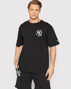 NEW ERA - T shirt girocollo da uomo nera in cotone con logo bianco