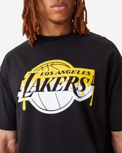 NEW ERA - T shirt girocollo da uomo nera in cotone con logo Los Angeles Lakers
