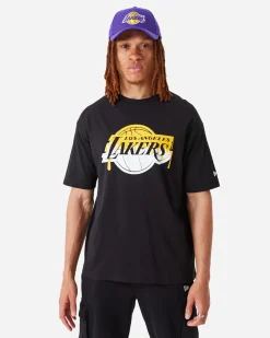 NEW ERA - T shirt girocollo da uomo nera in cotone con logo Los Angeles Lakers