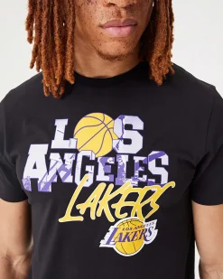 NEW ERA - T shirt girocollo da uomo nera in cotone con logo Los Angeles Lakers