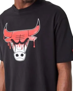 NEW ERA - T shirt girocollo da uomo nera in cotone con logo Chicago Bulls