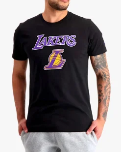 NEW ERA - T shirt girocollo nera in cotone con logo Lakers