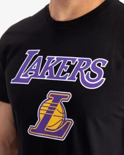 NEW ERA - T shirt girocollo nera in cotone con logo Lakers
