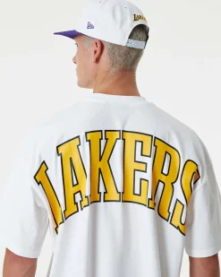 NEW ERA - T shirt oversize da uomo bianca in cotone con logo Lakers viola
