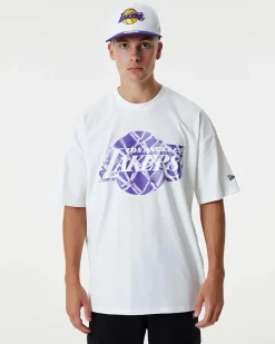 NEW ERA - T shirt oversize da uomo bianca in cotone con logo Lakers viola