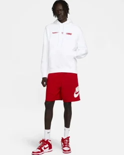NIKE - Felpa da uomo bianca con cappuccio e logo rosso