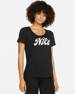 NIKE - T shirt girocollo da donna nera in tessuto traspirante con logo bianco
