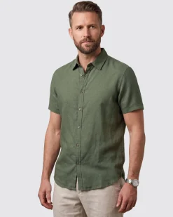 ON SPIRIT - Camica mezza manica collo classico verde militare lino-viscosa