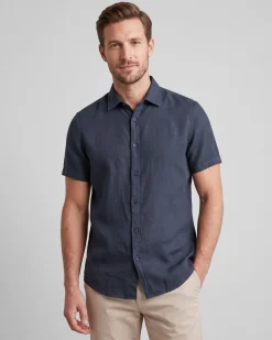 ON SPIRIT - Camica mezza manica collo classico blu lino-viscosa