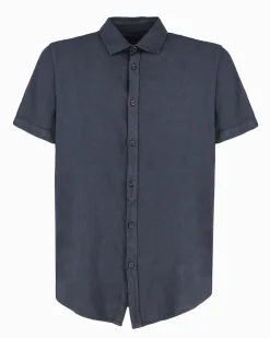 ON SPIRIT - Camica mezza manica collo classico blu lino-viscosa