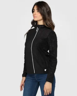 ON SPIRIT - Pile da donna nero con fantasia floreale e zip frontale