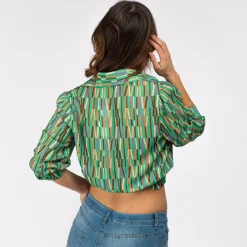 PAQUITA - CAMICIA CROPPED VERDE A FANTASIA CON MANICA 3/4