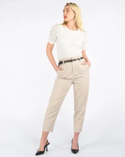 PAQUITA - PANTALONE BEIGE CON VITA ARRICCIATA E CINTURA
