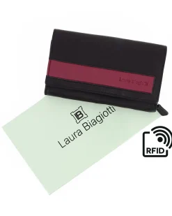Portafoglio donna nero e bordeaux con incisione logo frontale e patta, in VERA PELLE - Laura Biagiotti