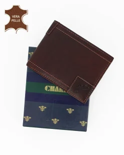 Portafoglio uomo marrone con incisione logo frontale, in VERA PELLE - CHARRO