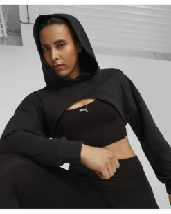PUMA - Felpa crop da donna nera in tessuto traspirante con cappuccio