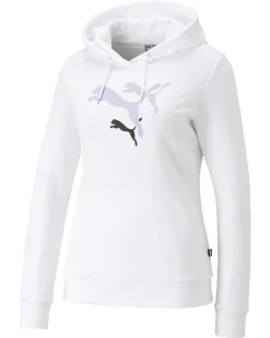PUMA - Felpa da donna bianca con logo nero e lilla e cappuccio