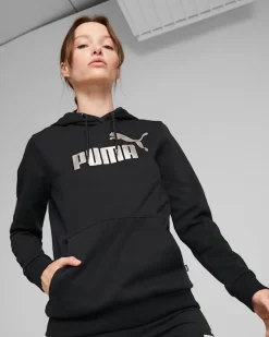 PUMA - Felpa da donna nera con cappuccio e logo color bronzo