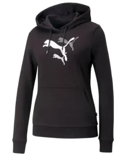 PUMA - Felpa da donna nera con logo bianco e cappuccio