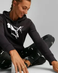 PUMA - Felpa da donna nera con logo bianco e cappuccio