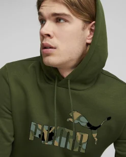 PUMA - Felpa da uomo verde scuro con logo camouflage e cappuccio