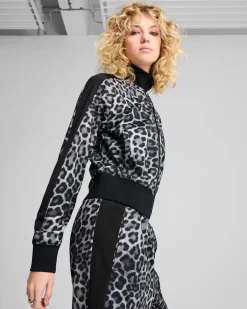 PUMA - FELPA LEOPARD T7 LUXE AOP SHORT TRACK CON BANDE NERE DA DONNA , 632342-01