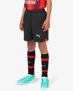 PUMA - Pantaloncini da calcio bambino neri e rossi in tessuto traspirante con logo Milan