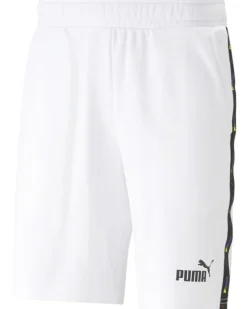 PUMA - Pantaloni corti da uomo bianchi con logo nero e stampa logo arcobaleno sui lati