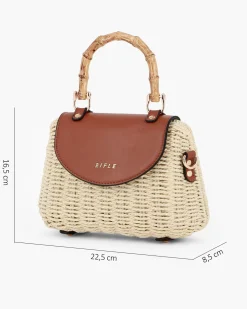 RIFLE - Borsa a mano beige in paglia intrecciata con pattina marrone e manico effetto bambù, tracolla removibile