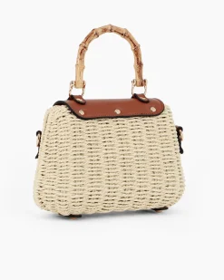 RIFLE - Borsa a mano beige in paglia intrecciata con pattina marrone e manico effetto bambù, tracolla removibile