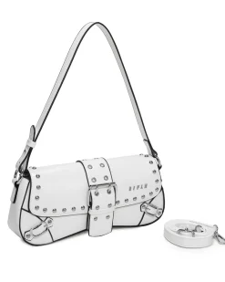RIFLE - Borsa a spalla bianca con patta, fibbie e borchie, tracolla removibile