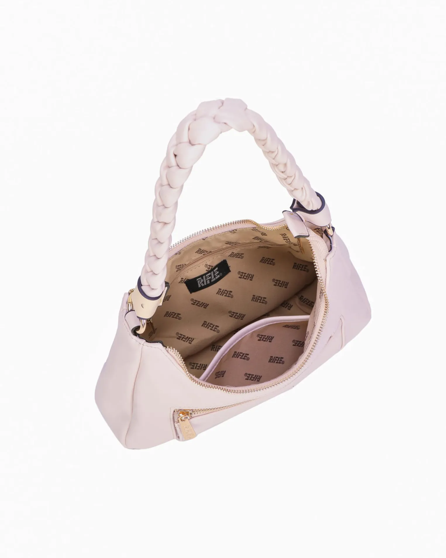 RIFLE - Borsa a spalla nude con manico intrecciato, tracolla removibile